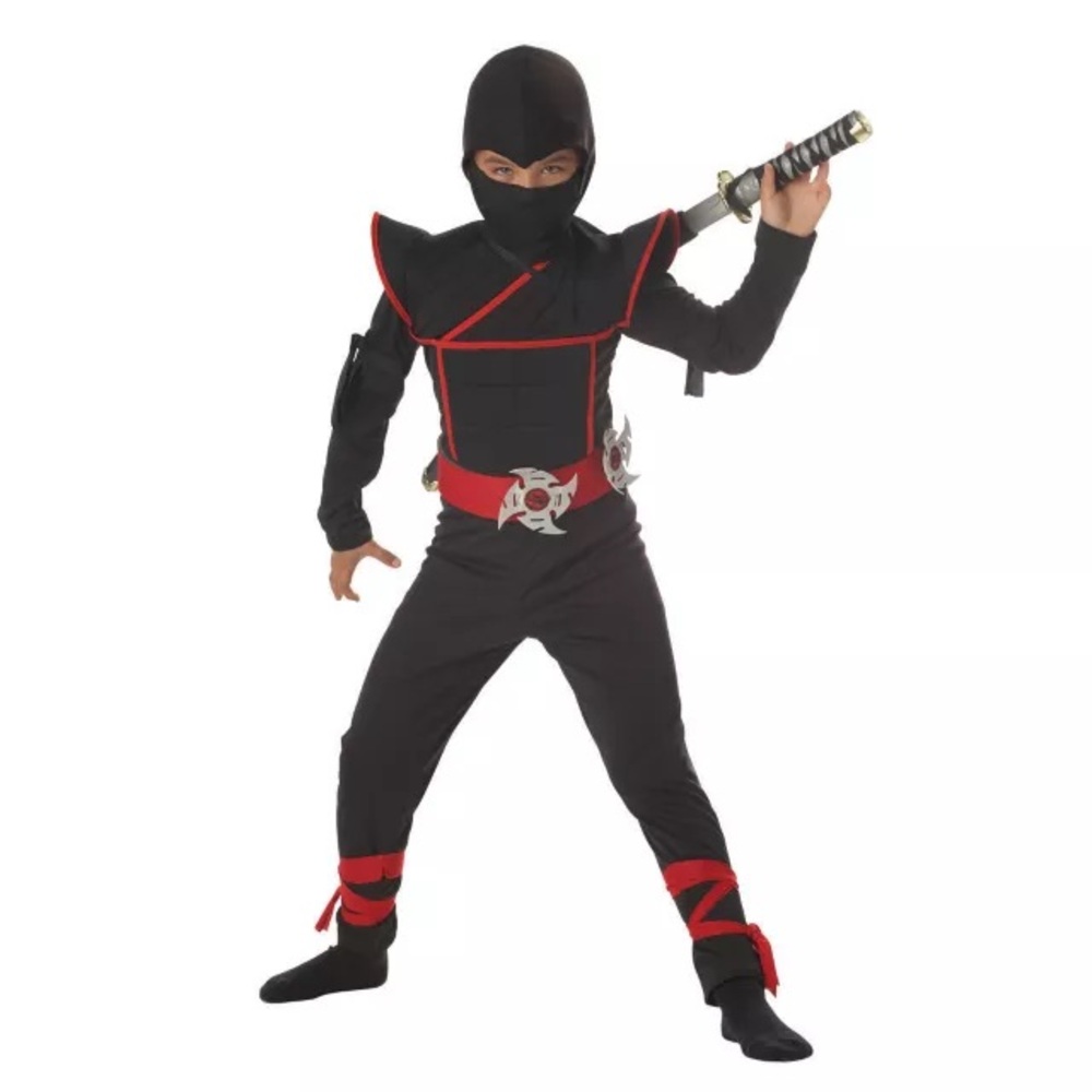 Black and Red Ninja Costume for Kids (AS IS- Several Pieces Missing)